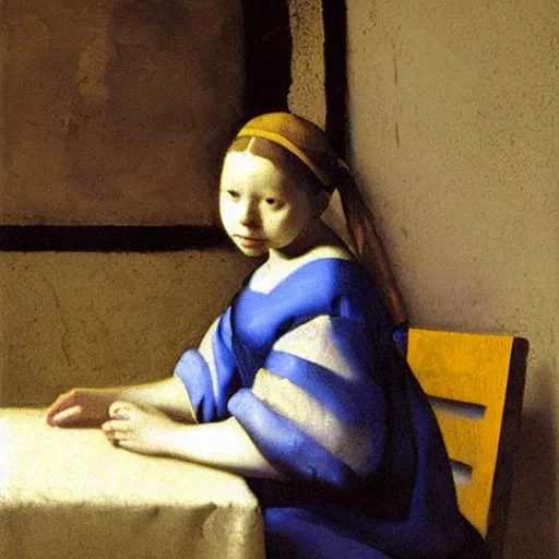 Prompt: a girl sitting in the subway, painting by Johannes Vermeer