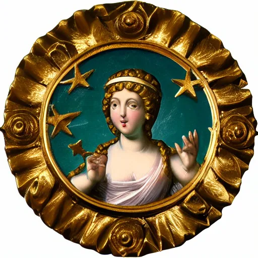 Image similar to Saint Woman, Putti, Venus, Athena, Sistina, baroque, marble and gold, stars, space, sun, deep green, bronze