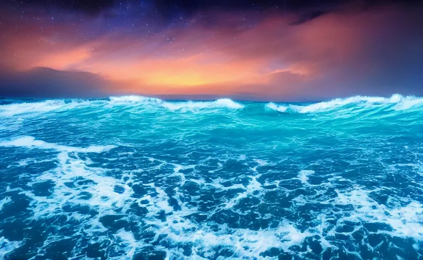Prompt: A ocean with blue glowing waves crashing against the sand, in the sky the stars are visible, aquatic life is in the water