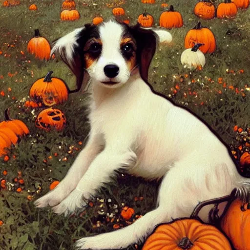 Image similar to a cute long haired jack russell puppy, white with brown spots and a brown patch over each eye, amidst piles of pumpkins. halloween autumn fall art. beautiful painting by alphonse mucha and artgerm and greg rutkowski