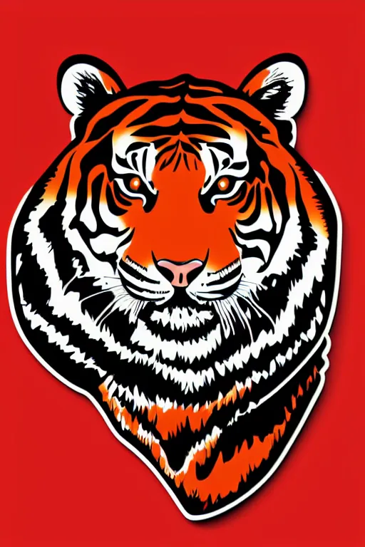 Prompt: A portrait of a tiger, sticker, highly detailed, red and black, illustration, smooth and clean vector curves, no jagged lines, vector art, smooth