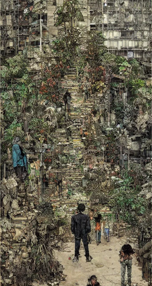 Prompt: on the street of abandoned town 2 people standing huddled together with spiny giant plants bursting through them, surreal, very coherent, intricate design, painting by Yoji Shinkawa, part by Norman Rockwell