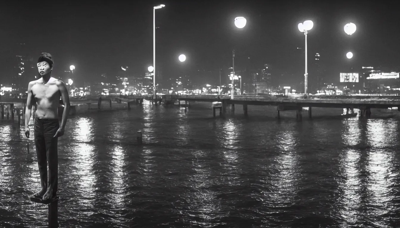 Image similar to 80s asian neon movie still with a lone man levitating over a pier by the river at night with city lights behind his back. Fallen angels movie still. hyperrealistic, photorealistic, high definition, medium format photography, highly detailed, tehnicolor, anamorphic 50mm lens