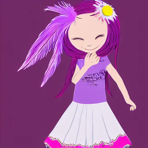 Image similar to little girl with eccentric pink hair wearing a dress mada of purple feather, art by dcwj