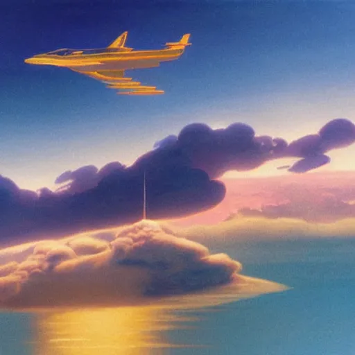 Image similar to beautiful matte painting of golden shores of a blue dreamy ocean, heavenly island in the clouds floating above the ocean, spaceship flying by, sci - fi, daylight, blue sky, cinematic lighting, cinematic perspective, syd mead, john harris, federico pelat