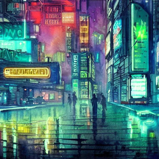 Image similar to an impressionist watercolor painting of a cyberpunk dystopian city with a lot of neon signs