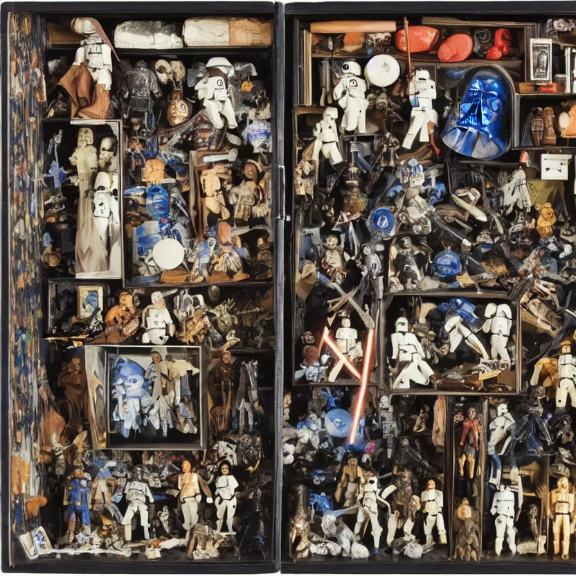 Image similar to a well - lit, detailed museum archive rich color photograph of a star wars memory box by joseph cornell, containing action figures, black and white photographs, and a star chart