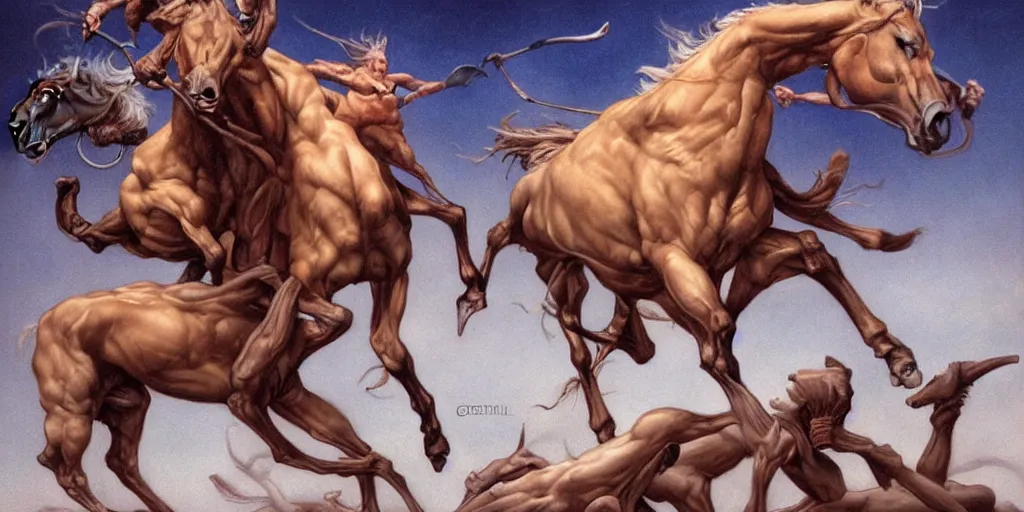 Image similar to centaurs fighting by gerald brom, hyper realistic