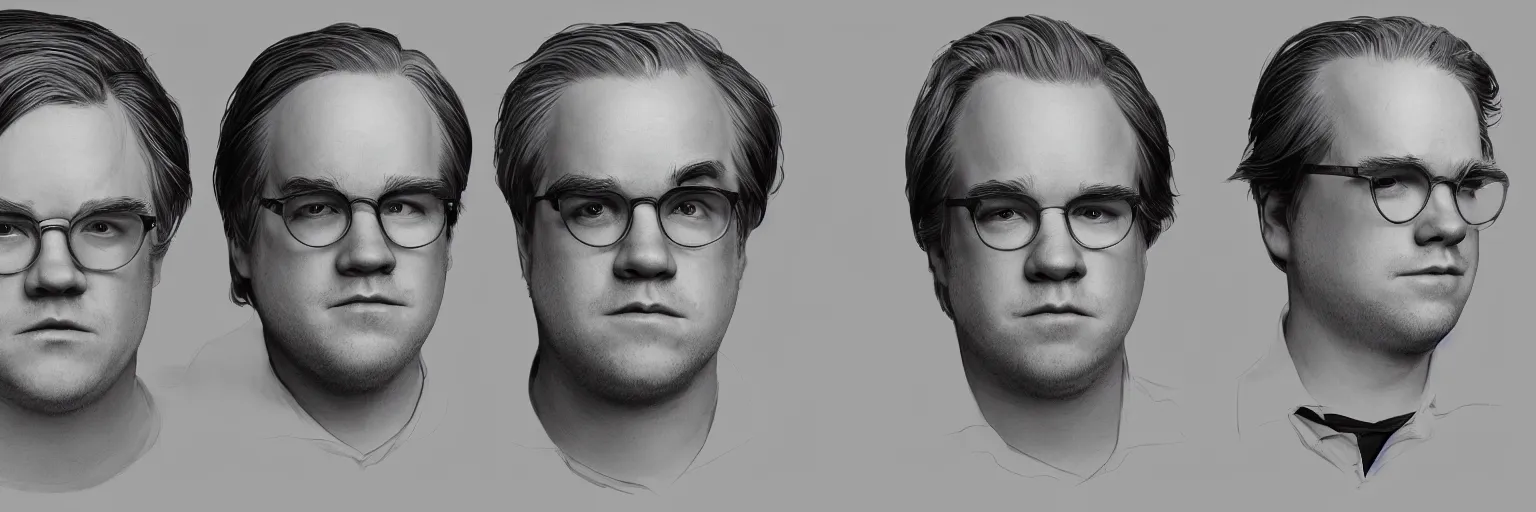 Image similar to character study of philip seymour hoffman and paul dano, 2 0 2 2, clear faces, emotional, character sheet, fine details, concept design, contrast, kim jung gi, pixar and da vinci, trending on artstation, 8 k, full body and head, turnaround, front view, back view, ultra wide angle
