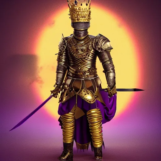 Image similar to a highly detailed knight with glowing purple eyes in a golden helmet and a golden crown with a diamond in the center, golden armor, leather clothes under the armor, leather gloves, holds a black sword, artstation, DeviantArt, professional, octane render, sunset lighting