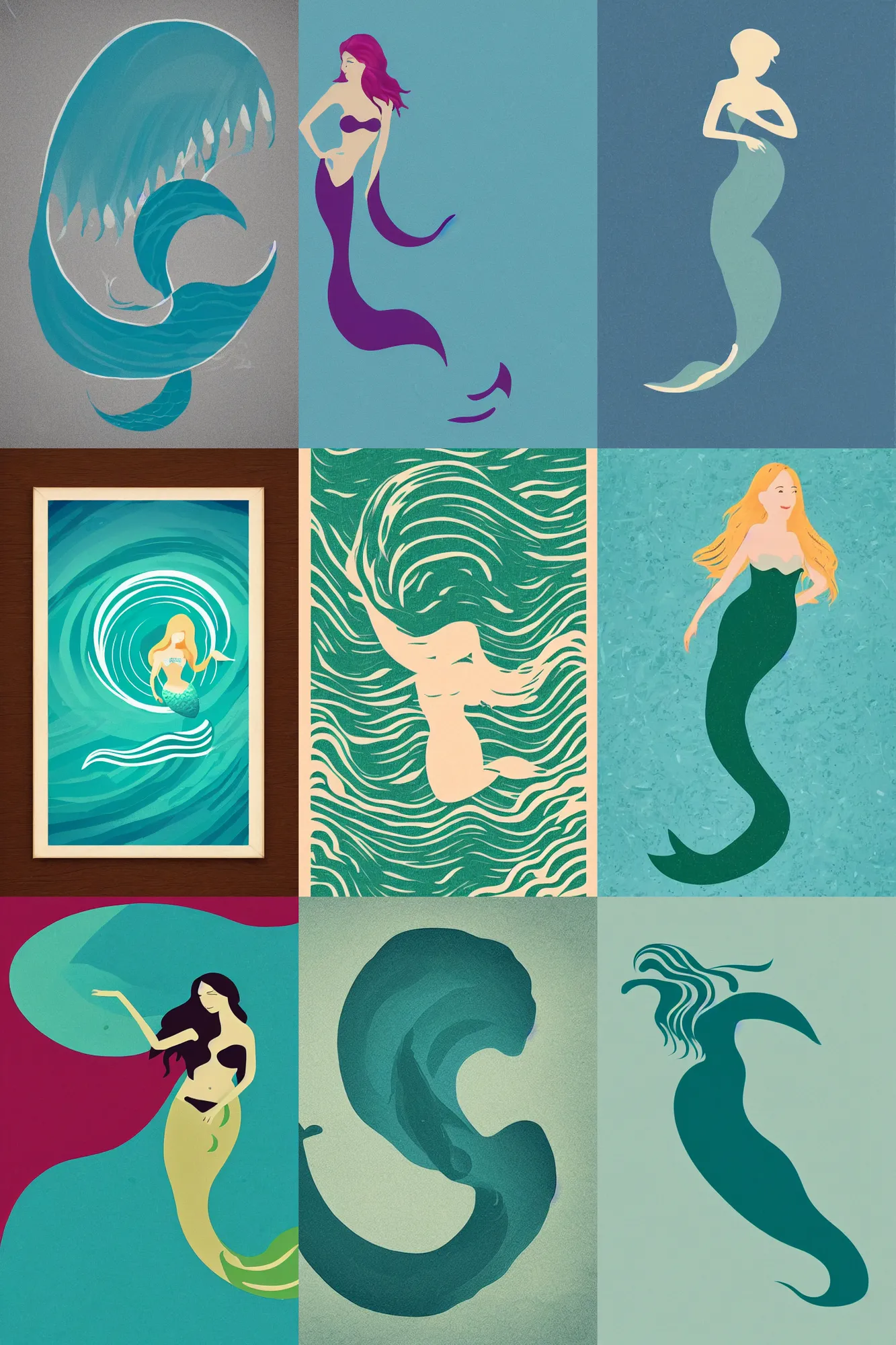 Prompt: wave in the shape of a mermaid minimal art