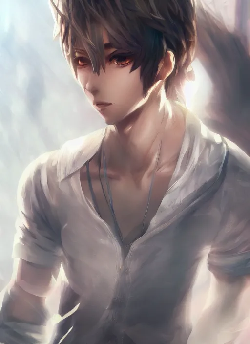 Image similar to detailed beautiful male character art of a protagonist, depth of field, on amino, by sakimichan patreon, wlop, weibo high quality art on artstation, deviantart