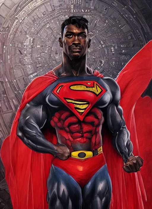 Image similar to portrait of crossfit bodybuilder sprinter superman!, futuristic detailed costume, red and black costume!!!, painted art by tsuyoshi nagano, greg rutkowski, artgerm, alphonse mucha, spike painting