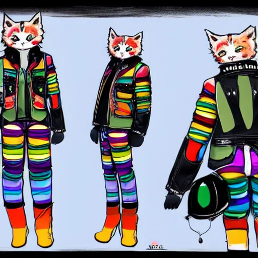 Image similar to wide angle full body, jacket wearing fluffy cute rainbow kitten wearing a black leather motorcycle jacket, concept art