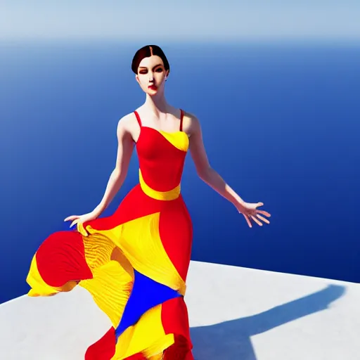 Prompt: beautiful modern dancer wearing a red and yellow and blue swirling dress, standing on a Santorini terrace looking down into the ocean, trending on artstation, cinematic, unreal 5, DAZ, hyperrealistic, octane render, dynamic lighting