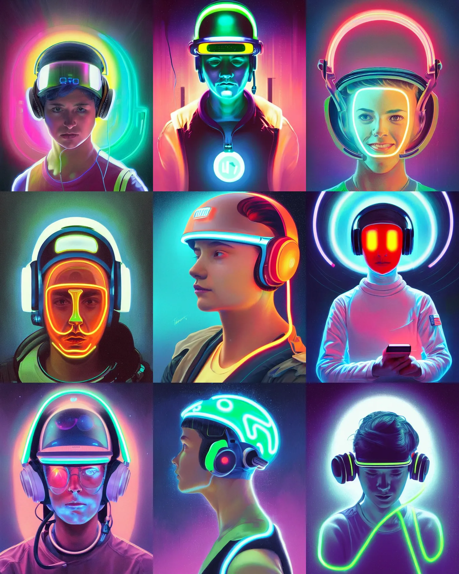 Prompt: a future coder looking on, glowing visor over eyes and sleek neon headphones, neon accents, bottom lighting, desaturated headshot portrait painting by rhads, tom whalen, alex grey, alphonse mucha, donoto giancola, astronaut cyberpunk electric fashion photography