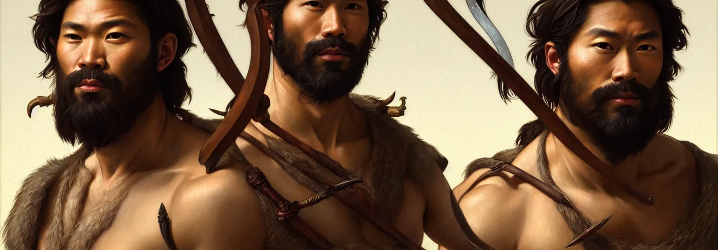 Prompt: renaissance upper body portrait of a gruff ranger with a spear, Asian, lean and toned, handsome face, hairy chest, D&D, intricate, elegant, highly detailed, digital painting, artstation, concept art, matte, sharp focus, illustration, art by da Vinci, Artgerm and Greg Rutkowski and Alphonse Mucha