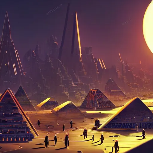 Prompt: a scene of a beautiful intricate epic futuristic pharaoh city with cyber pyramids and neo sphynx with steampunk vehicles taken from a distance, minimalist, cinematic lighting