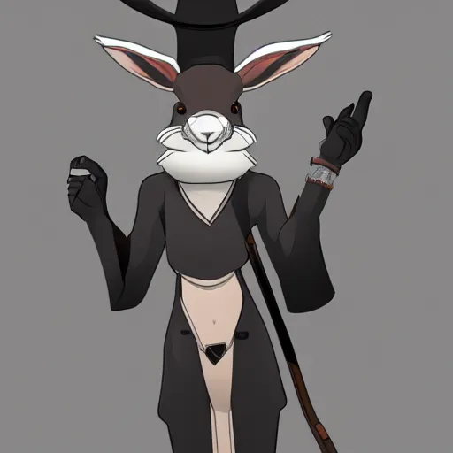 Image similar to anthropomorphic jackrabbit harengon with black skin and white highlights, wearing stylized monk robes and a very wide brimmed black safari hat, focus on hat, digital art featured on artstation