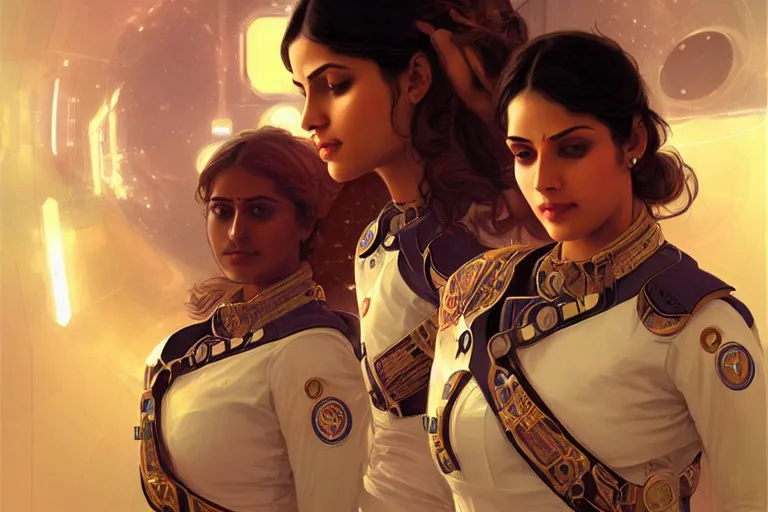 Image similar to Sensual beautiful female Aryan young Indian doctors wearing Deus Ex Human Revolution clothing in a space station above Earth, portrait, elegant, intricate, digital painting, artstation, concept art, smooth, sharp focus, illustration, art by artgerm and greg rutkowski and alphonse mucha