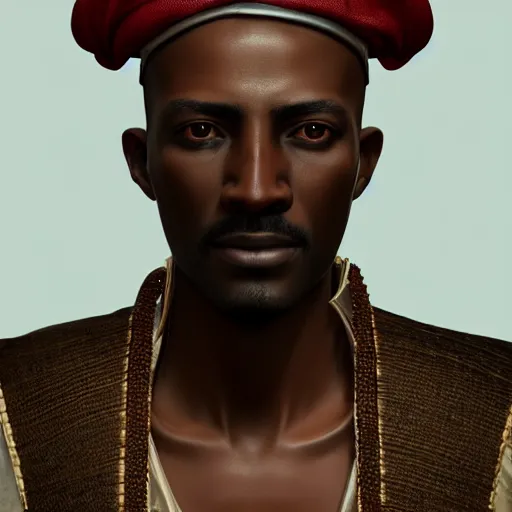 Prompt: A Crusader Kings II portrait of an African man with high cheekbones. Good bone structure. Dressed in 1940s style. Highly detailed, fine Art, high detail, great lighting, 8k resolution, masterpiece, concept art, illustration, clear eyes, painting oil on canvas, octane render, HDR, trending on artstation, 4k, 8k, HD