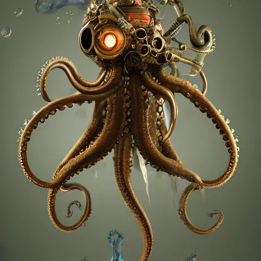 Image similar to underwater biopunk steampunk octopus, hyper detailed, digital art, trending in artstation, cinematic lighting, studio quality, smooth render, unreal engine 5 rendered, octane rendered, art style by klimt and nixeu and ian sprigger and wlop and krenz cushart.