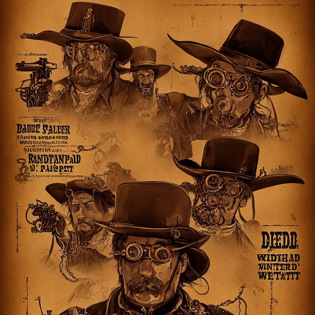 Prompt: steampunk spaghetti western wanted poster, wanted RANDEL BROTHERS dead or alive, elegant, highly detailed, digital painting, concept art, sharp focus, illustration, by Sergio Leone