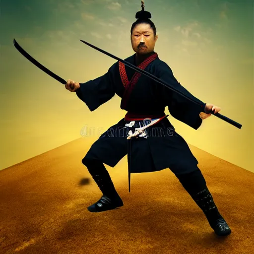 Image similar to Samurai master standing with holding sword , realistic photo illustration