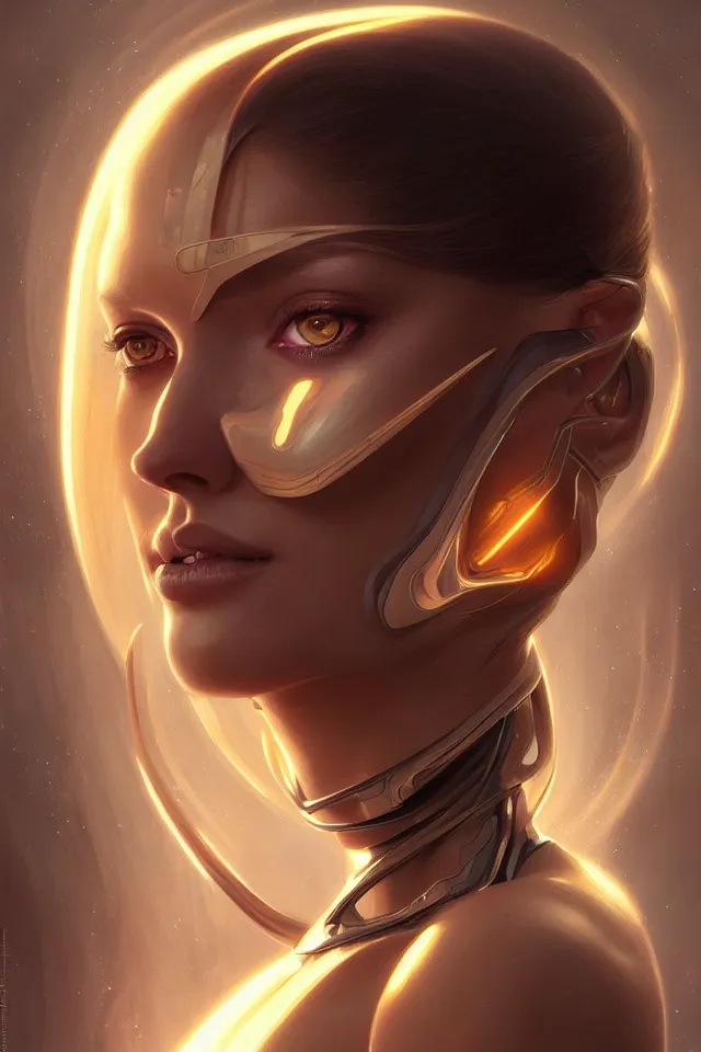 Image similar to futuristic woman portrait, sci-fi, amber eyes, face, long hair, fantasy, intricate, elegant, highly detailed, digital painting, artstation, concept art, smooth, sharp focus, illustration, art by artgerm and greg rutkowski and alphonse mucha