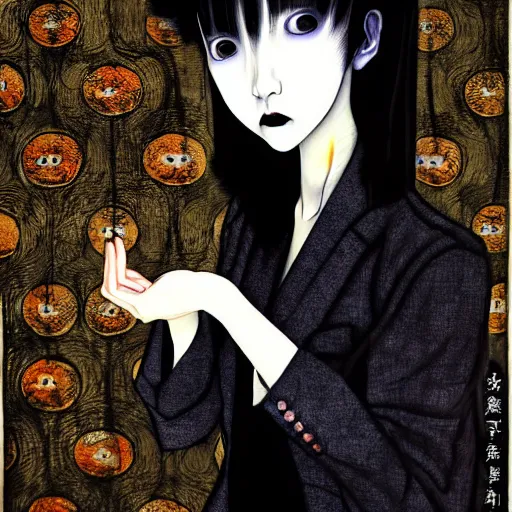 Image similar to yoshitaka amano blurred and dreamy realistic three quarter angle illustration of a young woman with black lipstick and black eyes wearing dress suit with tie, junji ito abstract patterns in the background, satoshi kon anime, noisy film grain effect, highly detailed, renaissance oil painting, weird portrait angle, blurred lost edges