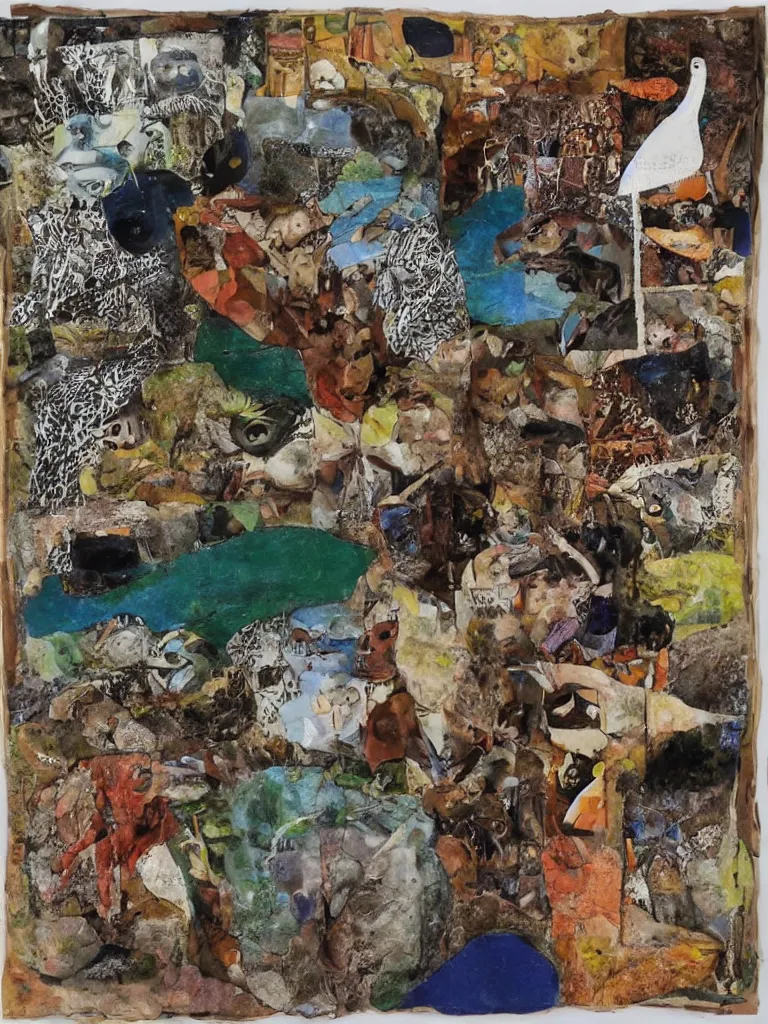 Prompt: mixed media collage by eileen agar depicting travelling through australian wilderness and outback and beaches, landscapes, interesting people, australian animals and birds, earthy color tones