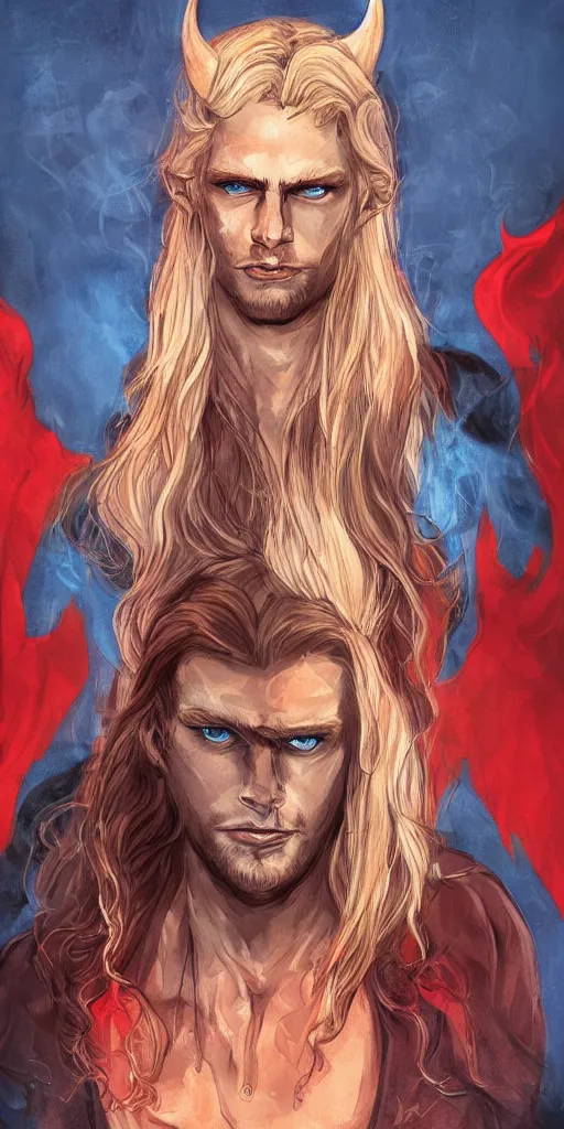 Image similar to portrait of a handsome gorgeous male satanic blonde haired hippie with long hair and blue eyes as the human prince of satan and lucifer, artstation