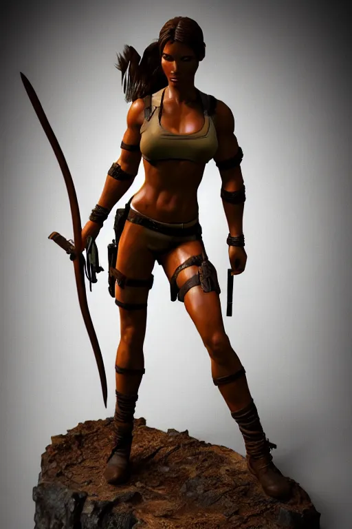 Prompt: detailed photo of lara croft woman warrior wood statue, full body pose, various seducing poses, photorealism, intricate detail, a few light reflexions, museum diffuse lighting