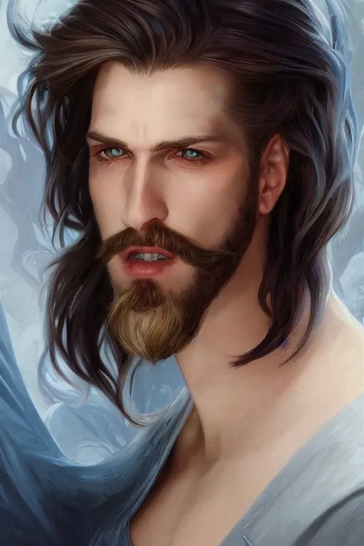 Prompt: beautiful Aryan man staring straight ahead with blue eyes and long hair and a goatee, elegant, highly detailed, digital painting, artstation, concept art, smooth, sharp focus, illustration, art by artgerm and greg rutkowski and alphonse mucha