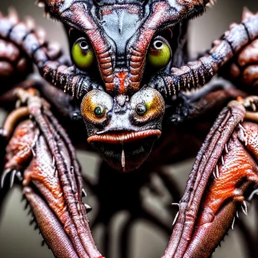 Image similar to photo taken of an epic intricate, ultra detailed, super realistic gritty, wet, slimy, lifelike sculpture of a nightmarish hellish humanoid faced insectoid creature created by weta workshop, menacing, some zoomed in shots, extremely photorealistic, sharp focus