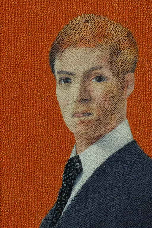 Prompt: a scene depicting a orange haired character wearing a suit made from linen and transparent plastic, pointillism, super detailed, soft light