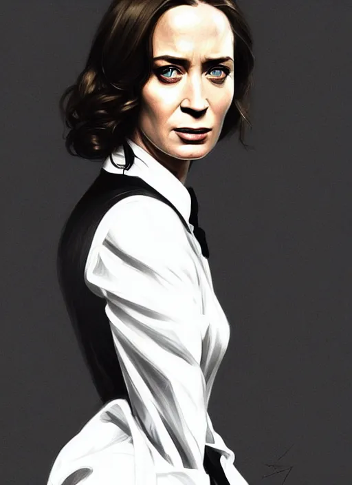 Image similar to portrait of emily blunt as business woman, black suit, white shirt, black tie, boss, intricate, headshot, highly detailed, digital painting, artstation, concept art, sharp focus, cinematic lighting, illustration, art by artgerm and greg rutkowski, alphonse mucha, cgsociety