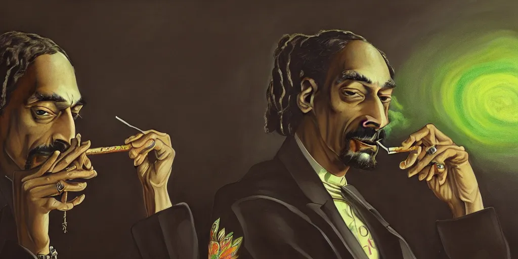 Prompt: breathtaking detailed concept art painting of snoop dogg smoking weed in a cannabis paradise, by hsiao - ron cheng, exquisite detail, extremely moody lighting, 8 k