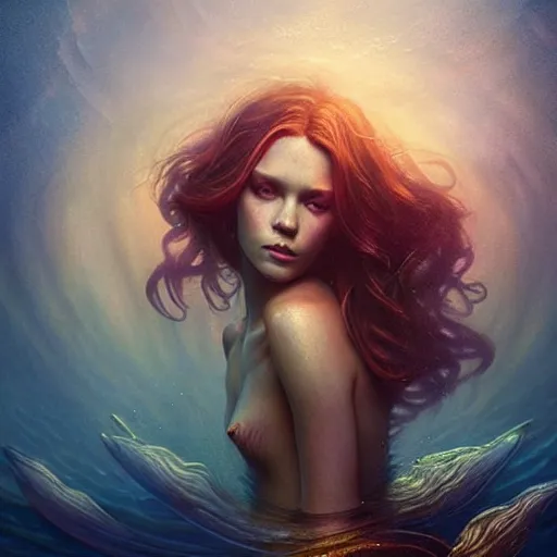 Image similar to playful beautiful captivating mermaid portrait, mysterious atmospheric lighting, painted, intricate, volumetric lighting, beautiful, rich deep colours masterpiece, golden hour, photoreal, sharp focus, ultra detailed, by leesha hannigan, ross tran, thierry doizon, kai carpenter, ignacio fernandez rios