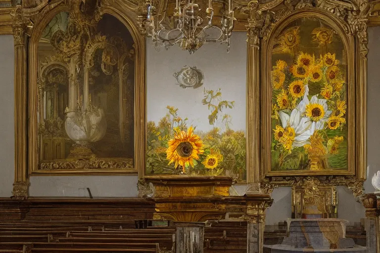 Image similar to a beautiful painting of at dusk, the seats in the church are full of sunflowers and white daisies, inside the building, extreme closeup, rococo style, baroque style