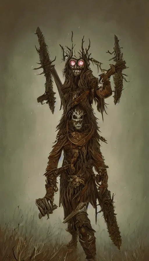 Image similar to painting of undead wight warrior, forest and cabin, muted colors, night scene, by brom