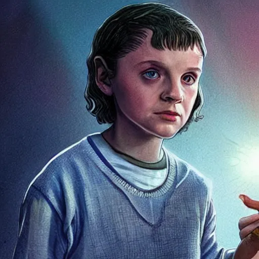 Prompt: Concept art, Eleven from 'Stranger Things' Season 3 (2019), with long hair, conjuring a magical miniature sun in her hand