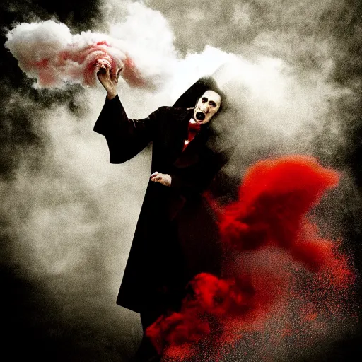 Image similar to dracula exhaling a huge smoke cloud of blood, award winning conceptual photography