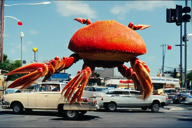 Prompt: 2 0 1 5 cute giant crab terrorizing a city, googie city, americana, fishcore, hd 8 k, photography cinestill