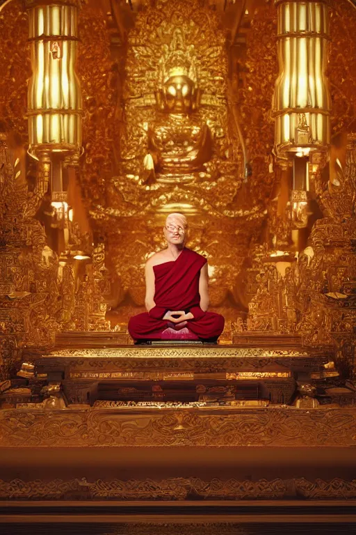 Image similar to Donald Trump meditating in a Buddhist Temple, cinematography by Wes Anderson, 4k octane render, intricate detail, photorealistic , cinematic lighting, Artstation