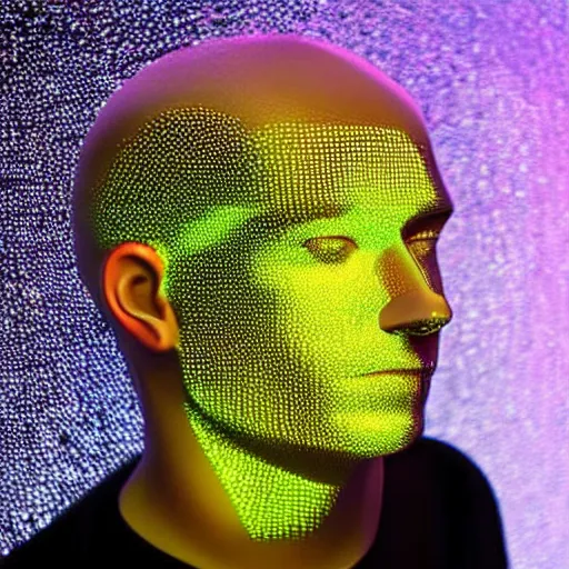 Image similar to a 3d human head made up of shiny holograms