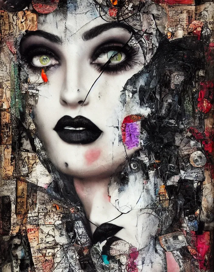 Prompt: witchy eyes and sophisticated lips looking at me embraced detailed chaotic analogue dada collage with relief texture in style of conteporary art, avant-garde 20s, photorealistic, expressionism, masterpiece, balanced composition, wide range of colors, spectacular quality, intricate oil details