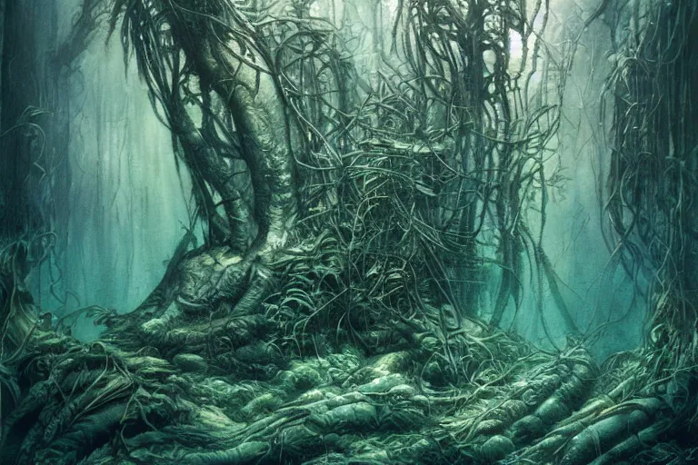 Image similar to Fantastical underwater forest by H R Giger, Moebius and Eywind Earle, trending on artstation