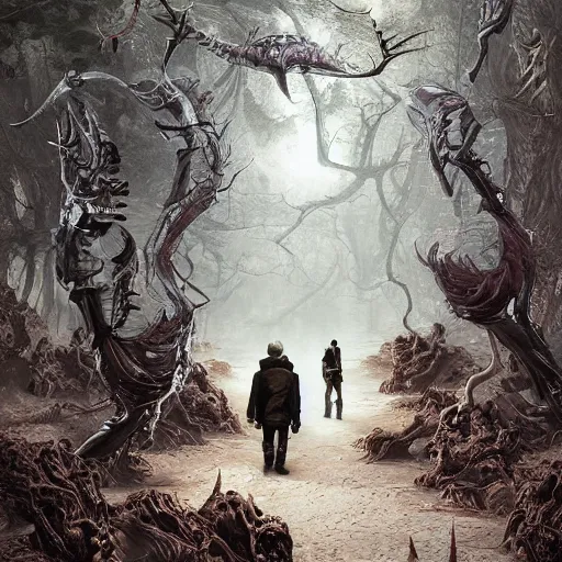 Prompt: sci - fi monster hunters, walking in a flesh and bones forest, hyperdetailed, art makoto kobayashi