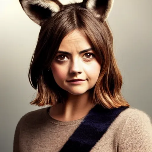 Image similar to jenna coleman with fox ears and fox facial features, furry face, close - up, headshot, detailed, symmetric